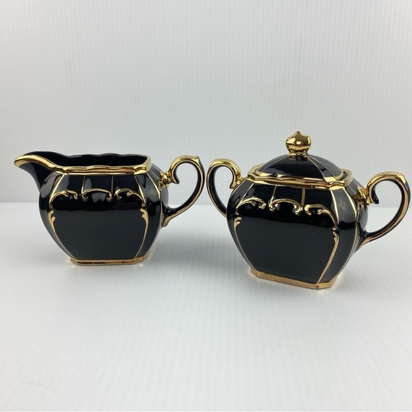 Sadler Antique Cube Black Cream and Sugar Set 1922 Gold Gilt - Picture 1 of 11